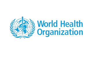 Blue World Health Organization (WHO) logo on a dark green background.