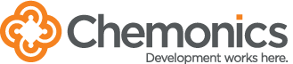 Chemonics logo with a stylized orange icon, 'Chemonics' text, and the tagline 'Development works here.'