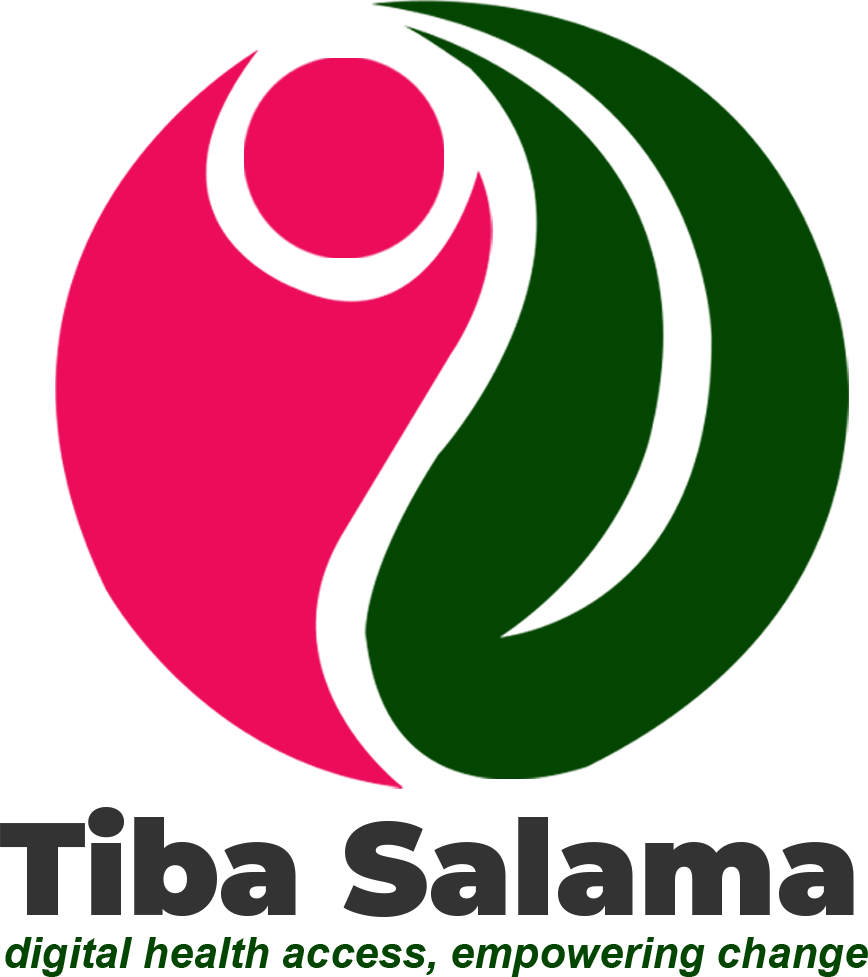 Tiba Salama logo: abstract pink figure, green leaves, text 'digital health access, empowering change'.