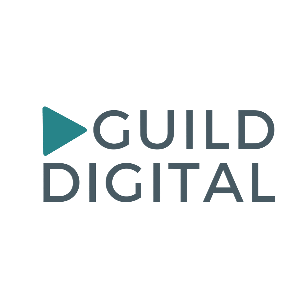 Guild Digital logo featuring a teal play button icon next to the company name, set against a dark green background.
