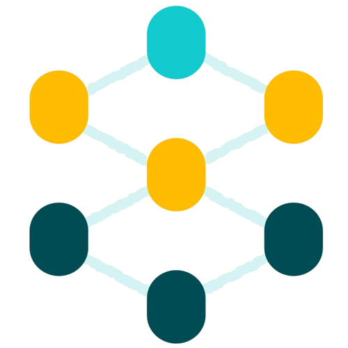 A network diagram with turquoise, orange, and dark teal nodes connected by lines, forming a structured flow.