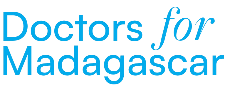Blue text "Doctors for Madagascar" on a dark green background, promoting a medical organization.