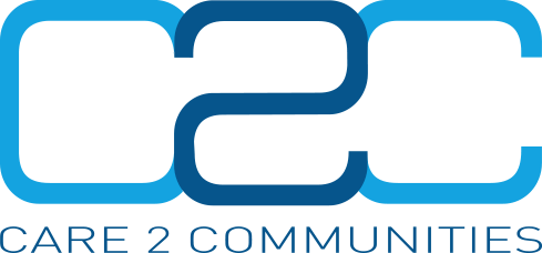 Logo for C2C Care 2 Communities, featuring light and dark blue stylized C's and a 2.