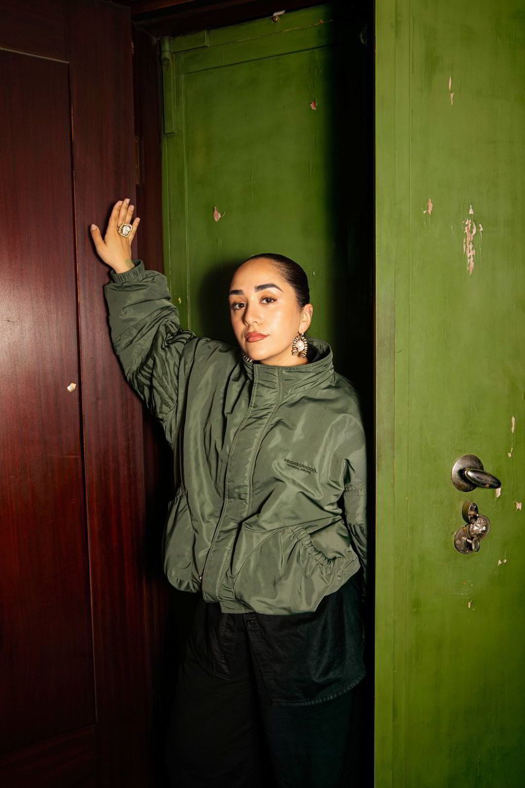 Facial expression, Flash photography, Door, Standing, Wood, Gesture, Wall