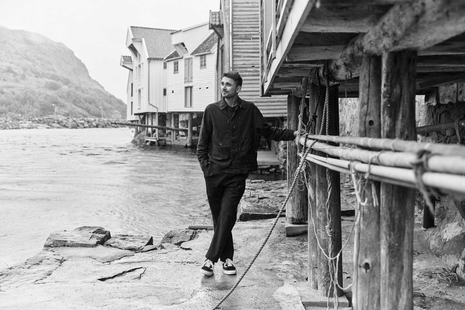 Split-rail fence, Water, White, Building, Black, Wood, Black-and-white, Style