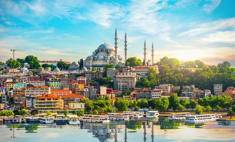 Istanbul cityscape with Süleymaniye Mosque, colorful buildings, and boats on the Golden Horn.