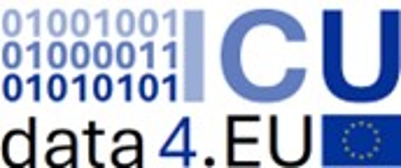 Binary 0s and 1s, text 'ICU', 'data4.EU', and EU flag.