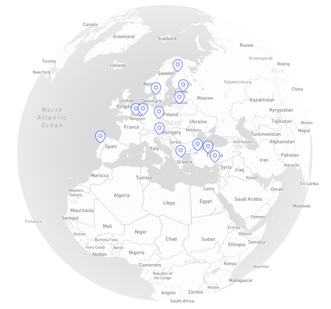 Map of Europe with many blue location markers.