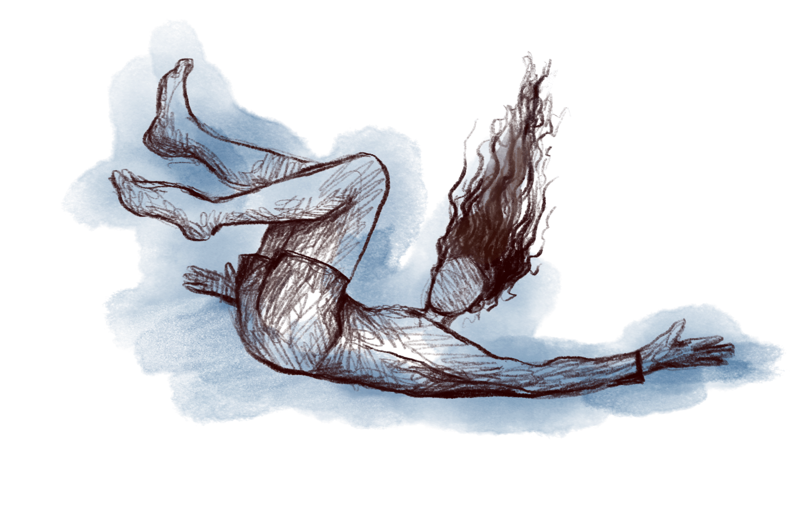 Stylized dark figure with long hair falling through blue on a green background.