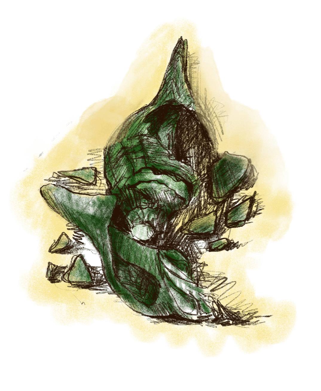 A sketchy dark green spiky, monster-like figure with rough lines on a yellow and green background.