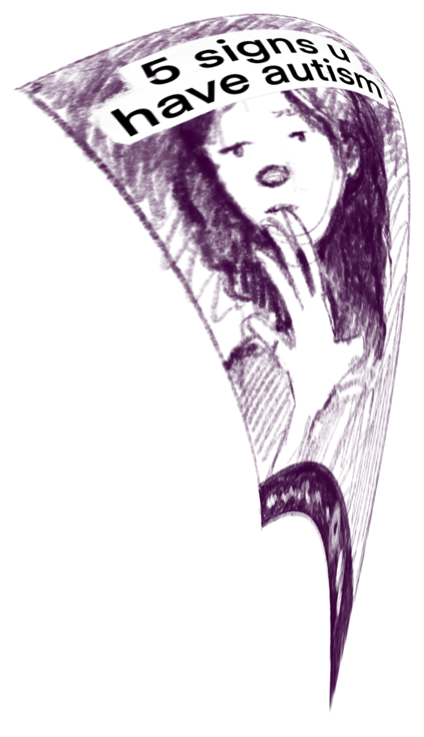 Stylized dark purple drawing of a person with a banner: "5 signs u have autism".