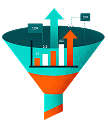 Growth funnel graphic with a bar chart and upward arrows.