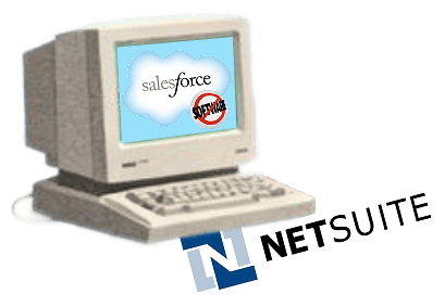 Vintage computer displays Salesforce "no software" in cloud; NetSuite logo peeks out.