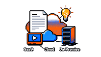 Icons: SaaS, Cloud, On-Premise, data (document, video), and insights.