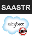 SaaStr logo above a Salesforce cloud with a 'no software' symbol.