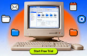 Retro computer with pixel icons surrounding it and a "Start Free Trial" button.