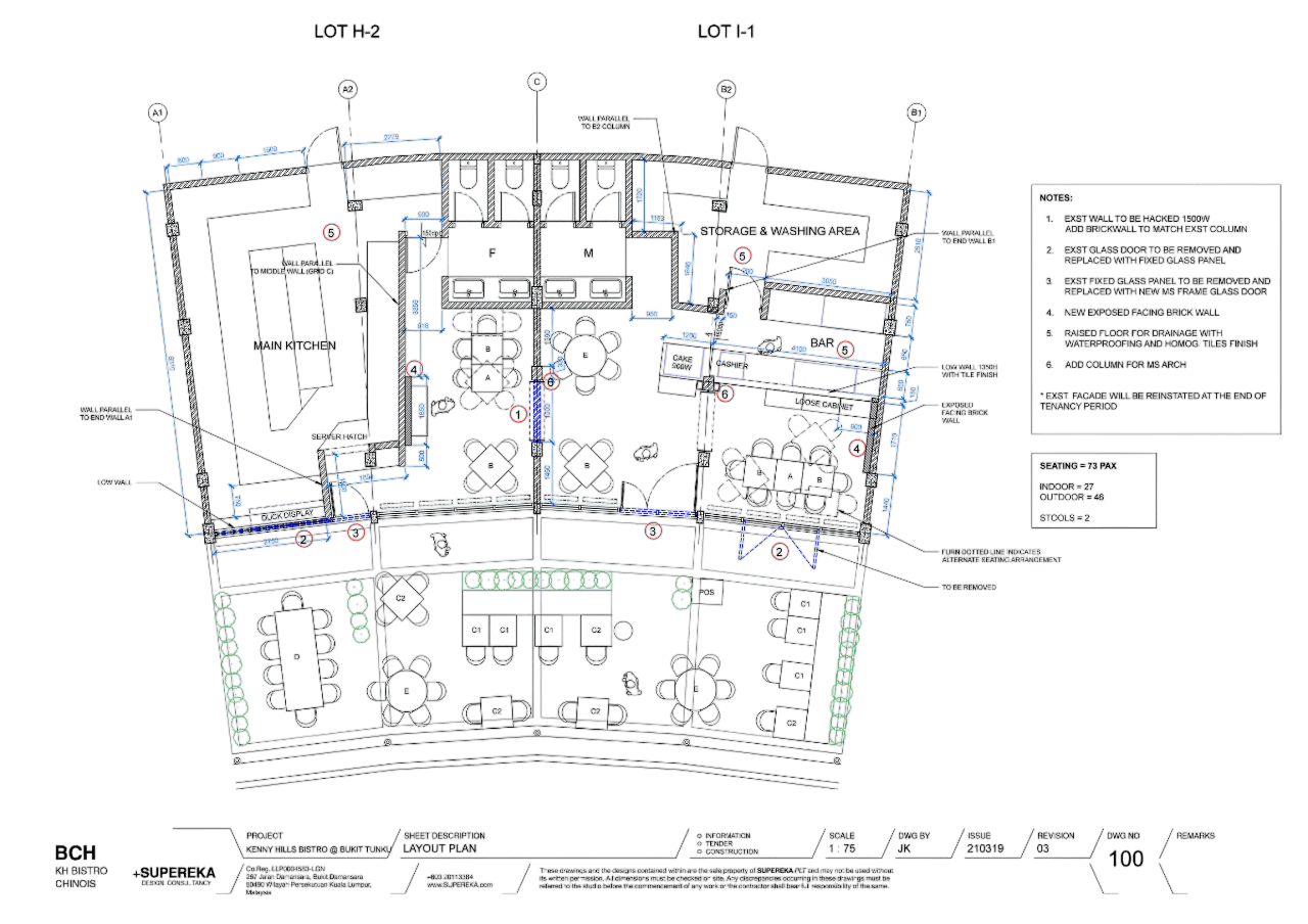 Floor plan of a bistro, showing kitchen, bar, storage, and indoor/outdoor seating areas.