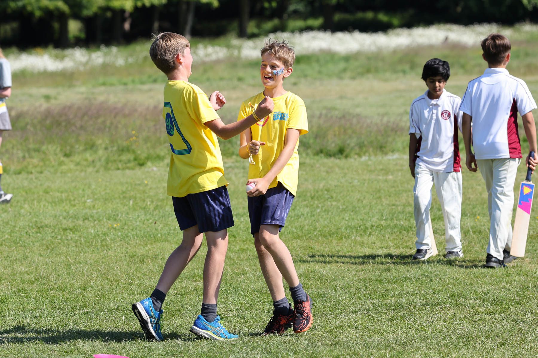 2 boys smile at each other at cricket