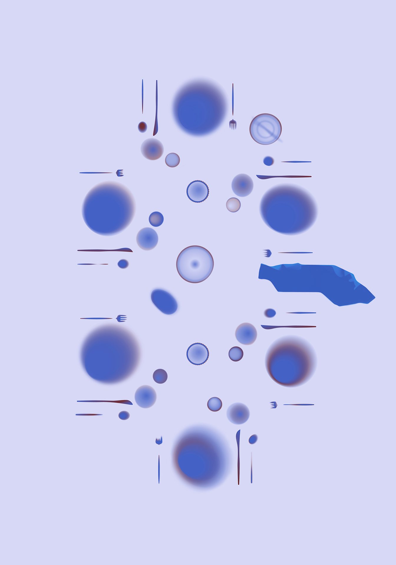 Abstract design: blurred blue circles, stylized cutlery, and an irregular blue shape on purple.