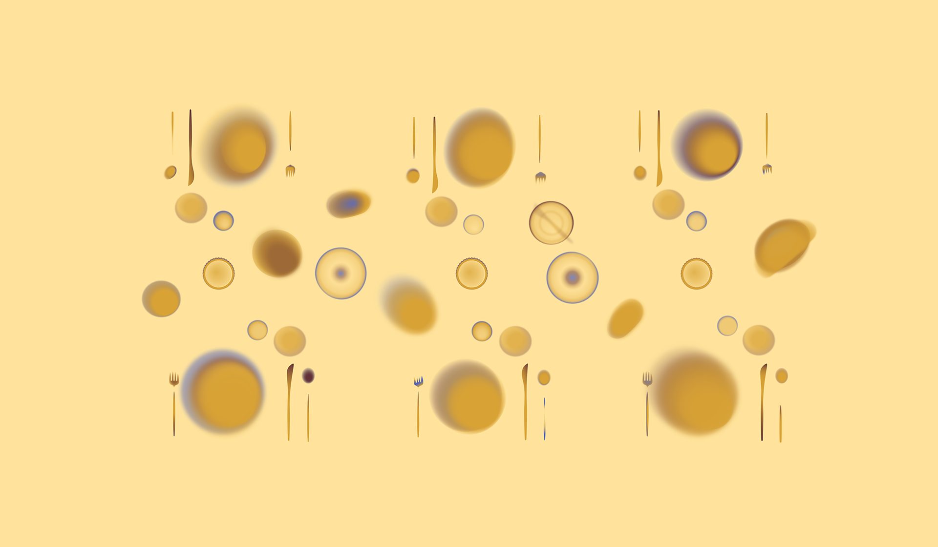 Scattered golden dinnerware and cutlery on a yellow background.