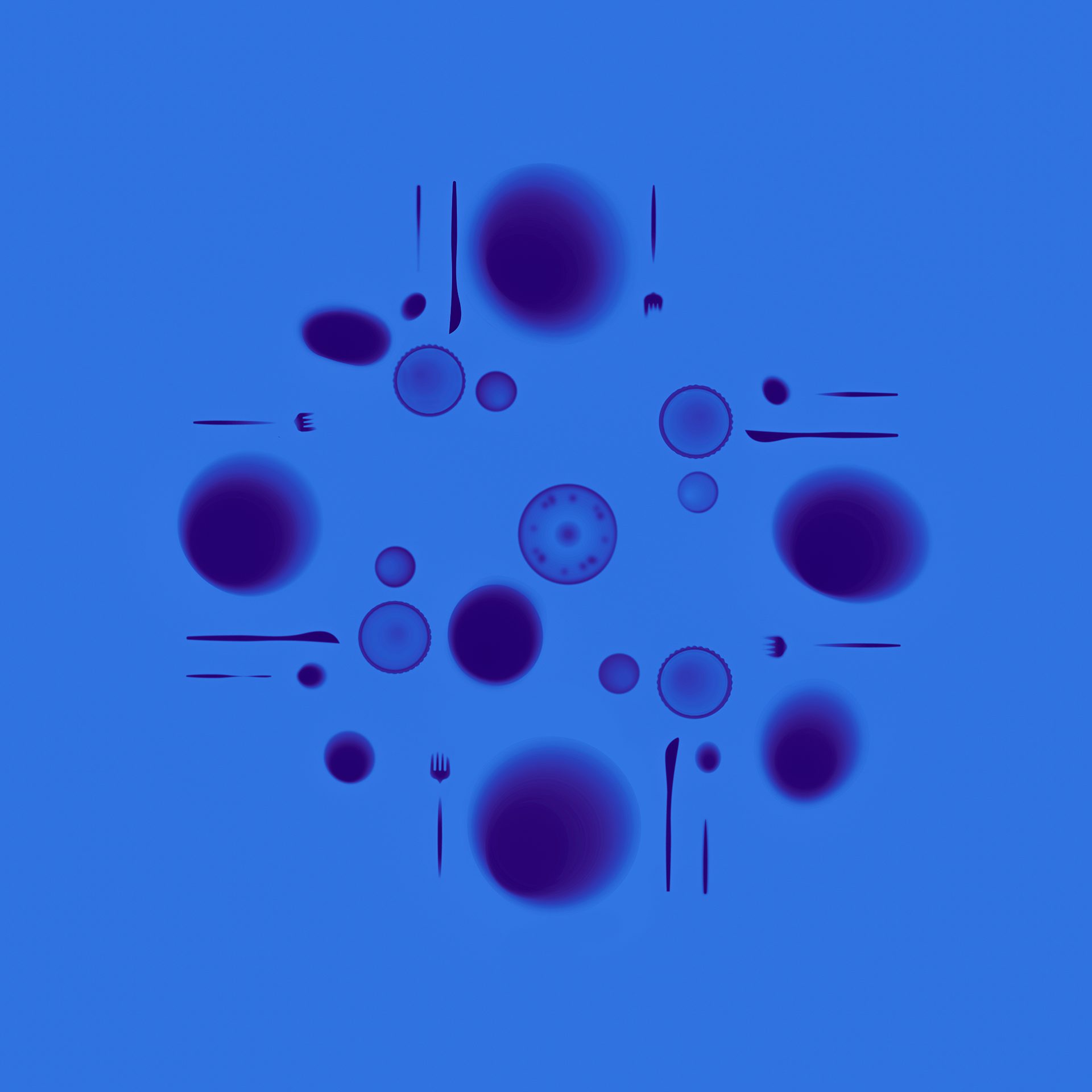 Abstract blue radial dining setting with stylized plates and cutlery.