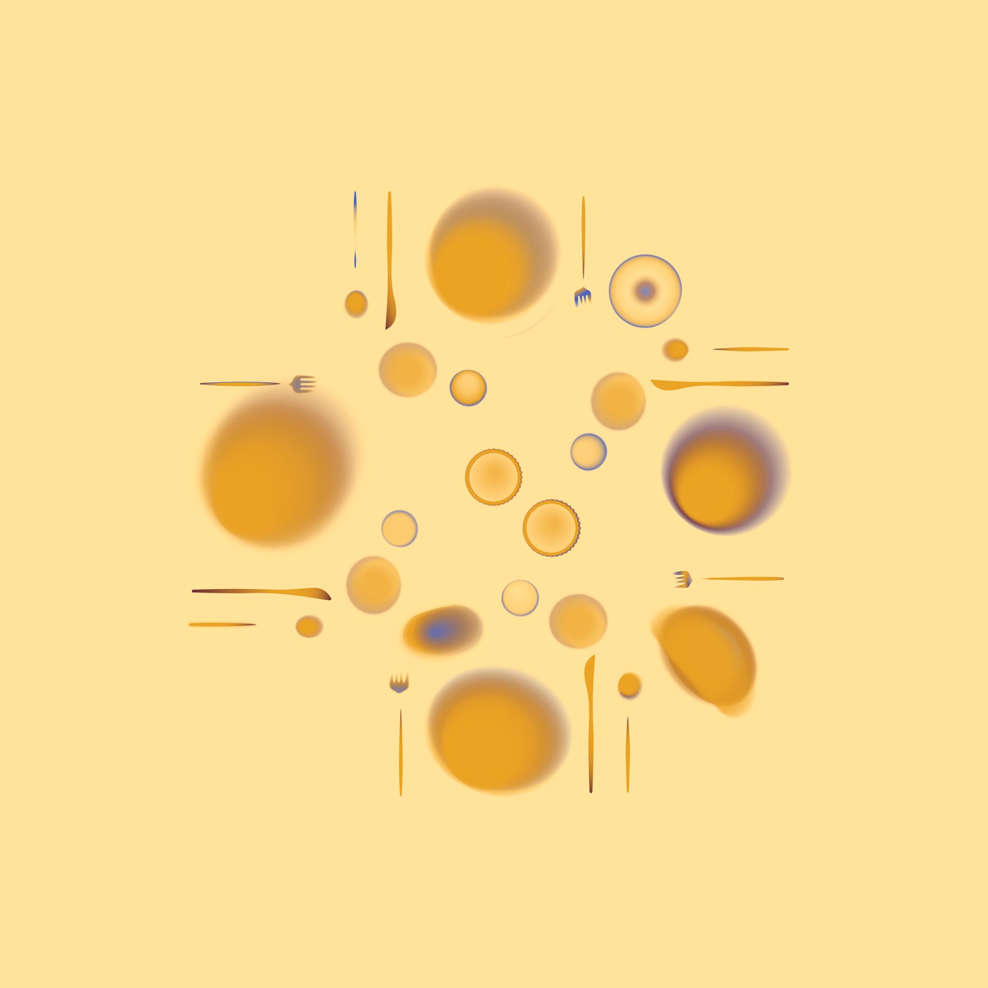 Abstract pattern of blurred yellow plates and cutlery on a pale yellow background.