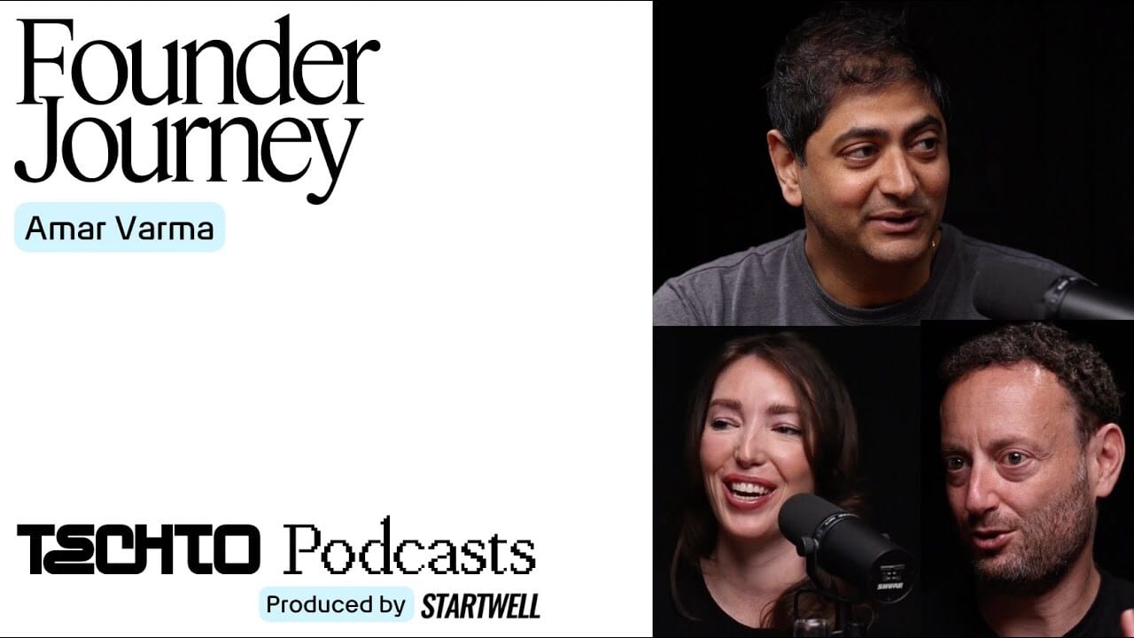 Podcast cover: "Founder Journey" with Amar Varma, "TSCHTO Podcasts," and three speakers.