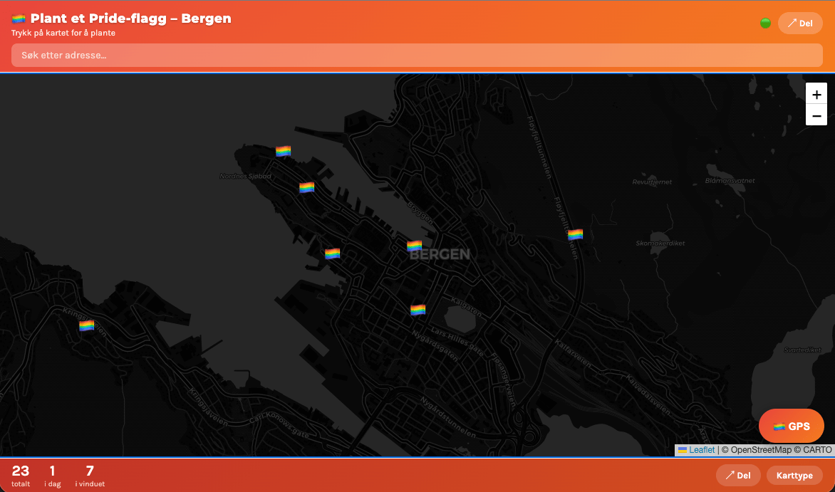 A dark map of Bergen, Norway, with multiple rainbow Pride flag markers spread across the city area.