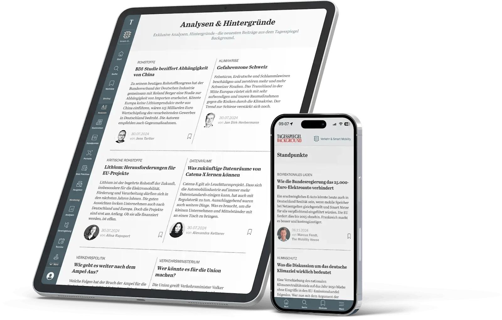 A tablet and smartphone displaying news articles in German, with both screens showing text and images of authors and headlines.
