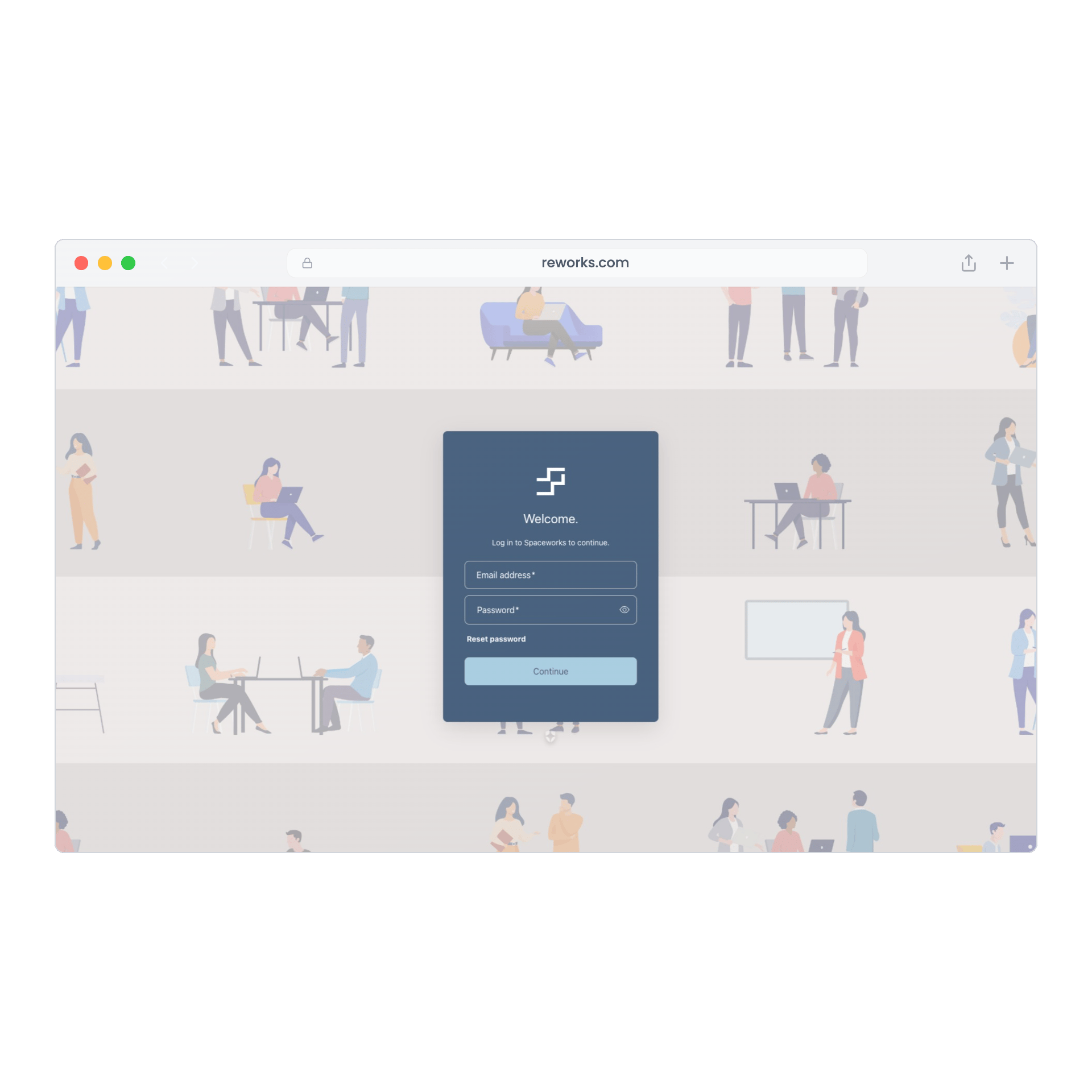 A browser window displays a login page for 'reworks.com' with fields for email, password, and a 'Continue' button.