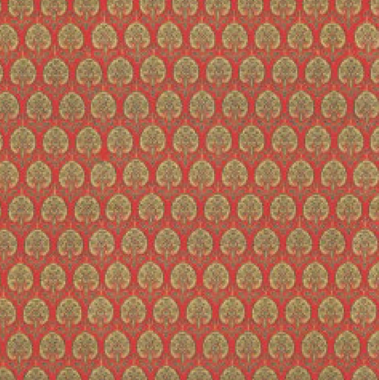 Repeating gold ornate botanical pattern on a red background.