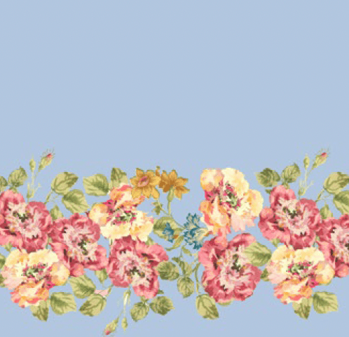 Painterly pink and yellow flowers form a bottom border on a light blue background.