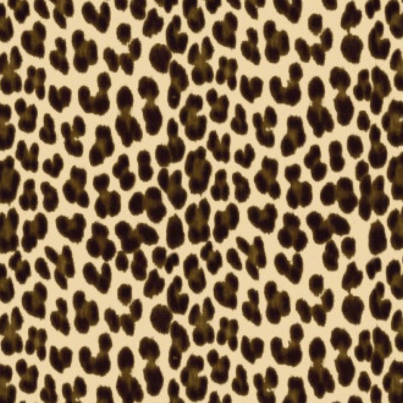 Leopard print pattern with dark brown spots on a beige background.