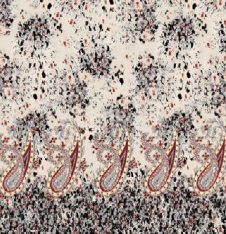 Abstract floral fabric with black, red, and light grey on cream, featuring a paisley border.