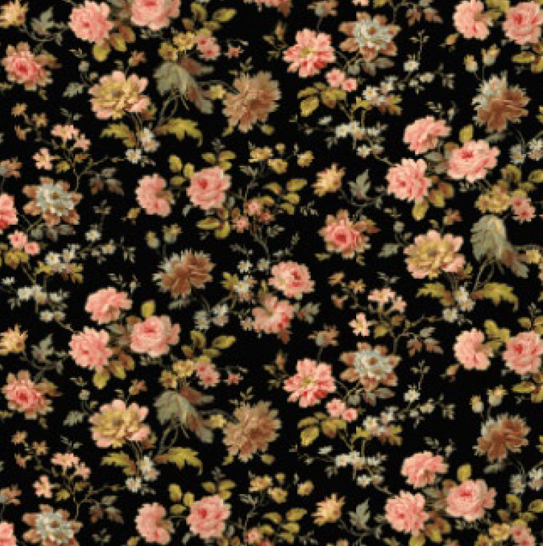 Floral pattern with pink and peach roses on black.