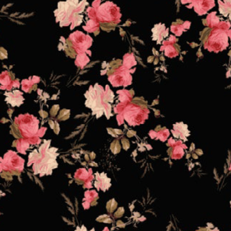 Seamless pattern of pink and cream roses with leaves and stems on a black background.