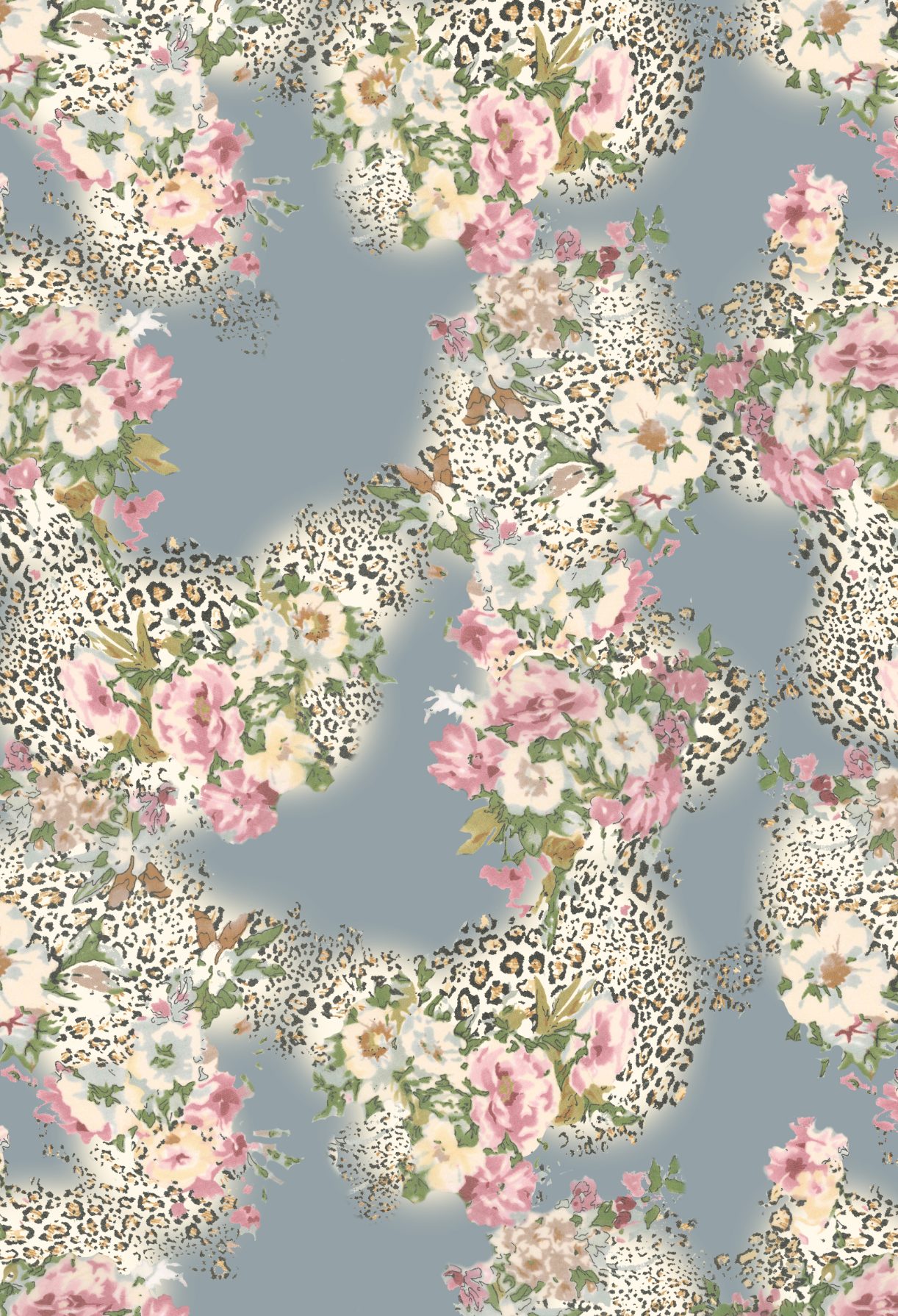 Floral and leopard print pattern on a blue-grey background.