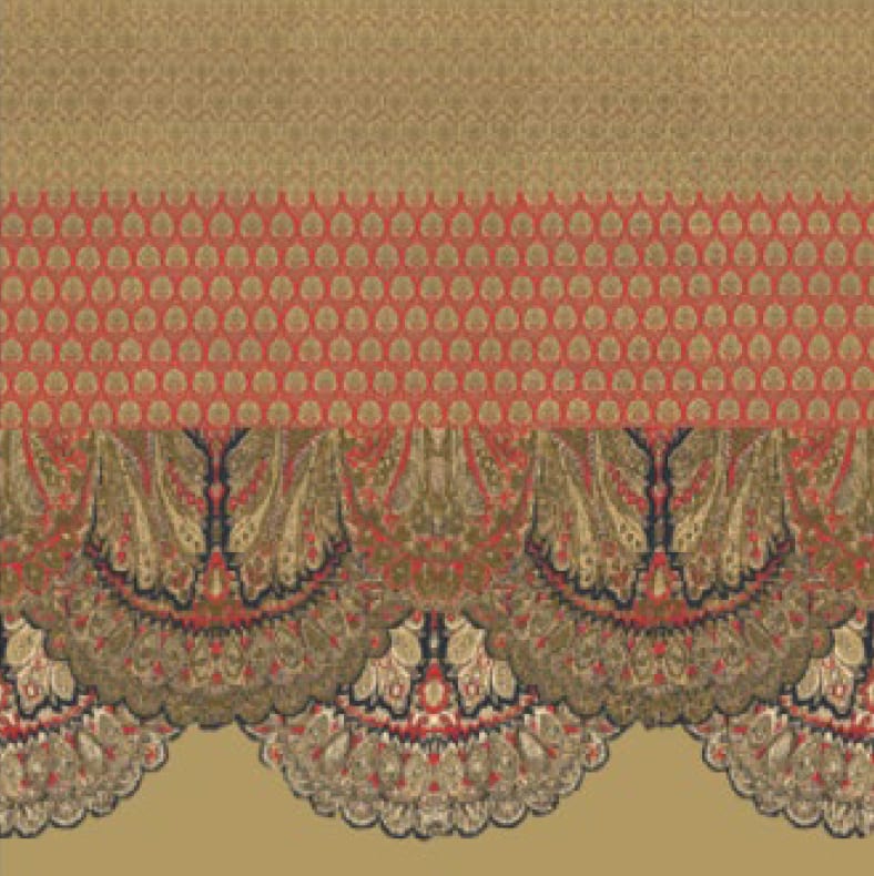 Ornate textile pattern with red and gold-brown paisley motifs and a scalloped edge.