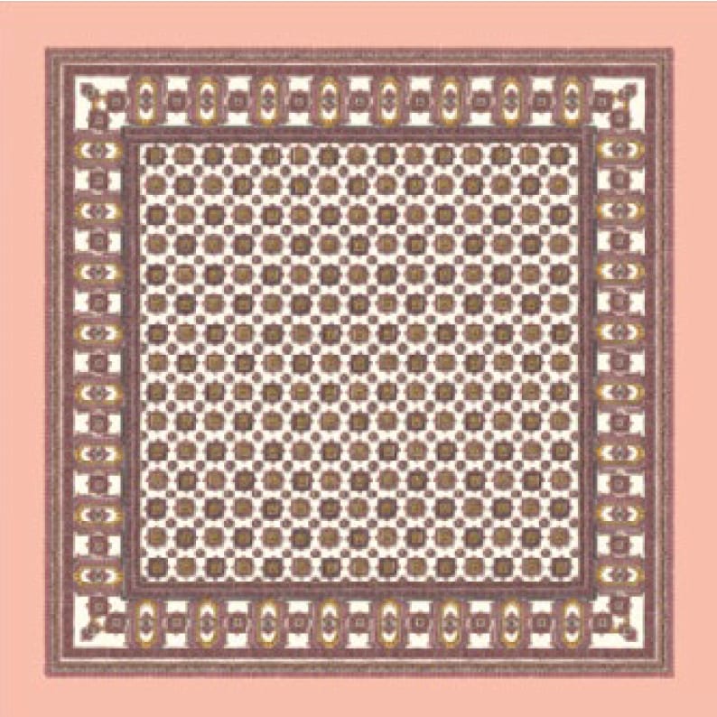Square textile: geometric grid of brown/cream shapes, bordered by brown/gold repeating ovals.