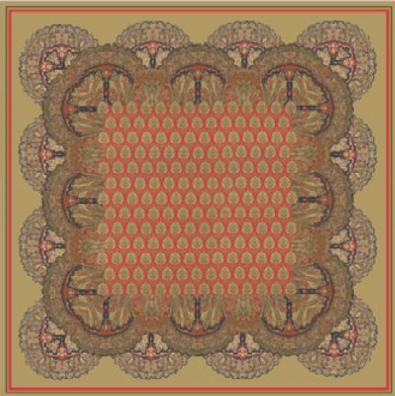 Intricate square textile pattern with a red paisley center and ornate brown and beige borders.