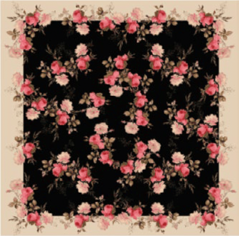 Black square with scattered pink roses, framed by a beige floral border.