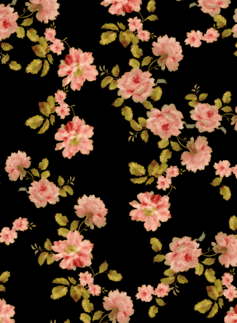 An embroidered-style seamless pattern of pink roses and green leaves against a black background.