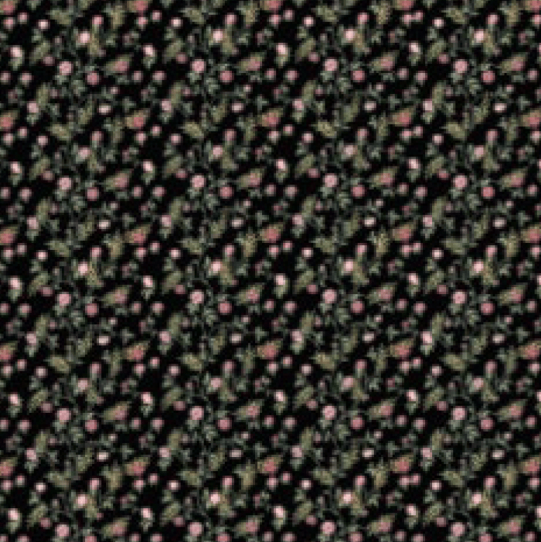 Seamless pattern: tiny pink flowers, green leaves on black.