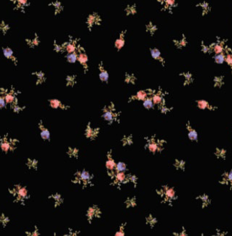 Seamless pattern of small pink and purple roses with green leaves on black.