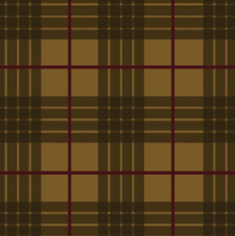 A classic plaid pattern featuring a mustard brown background, dark brown stripes, and thin maroon accents.