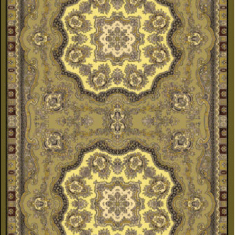 Ornate rug featuring yellow medallions and olive green floral patterns.