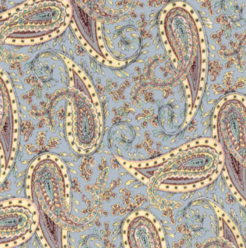 Seamless blue paisley pattern with yellow, red, and teal motifs.