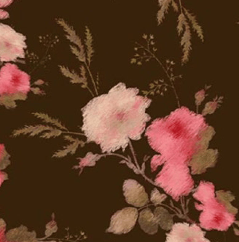 Floral pattern with pink and white roses and green leaves on a dark brown background.