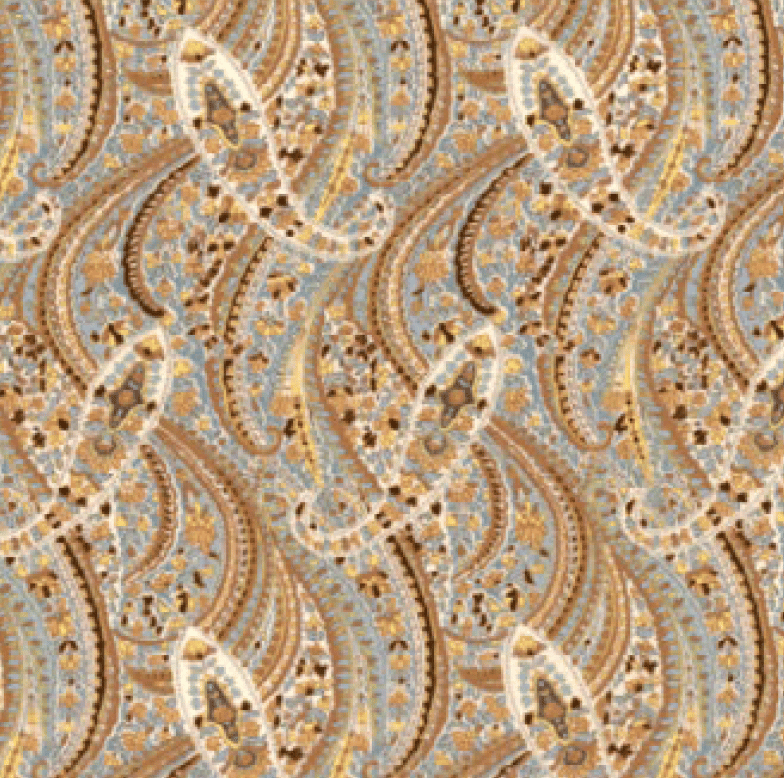 A repeating paisley pattern in light blue, brown, and gold.