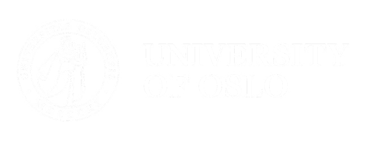 White logo of the University of Oslo with a figure holding a lyre and text.
